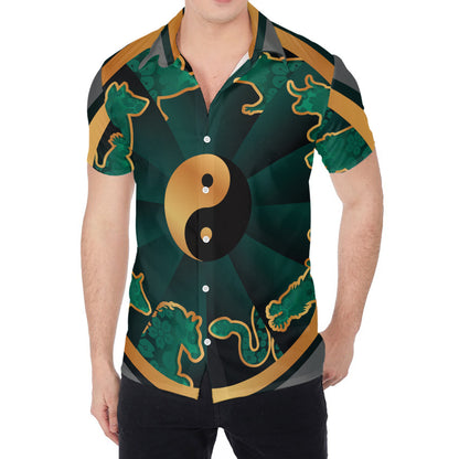 Green And Gold Chinese Zodiac Print Men's Shirt