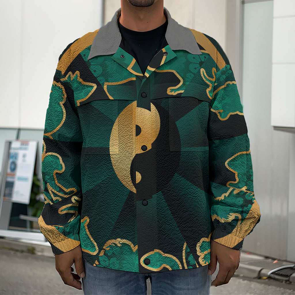 Green And Gold Chinese Zodiac Print Men's Shirt Jacket