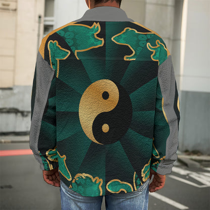 Green And Gold Chinese Zodiac Print Men's Shirt Jacket