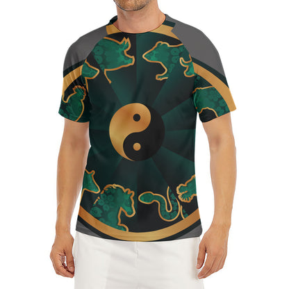 Green And Gold Chinese Zodiac Print Men's Short Sleeve Rash Guard