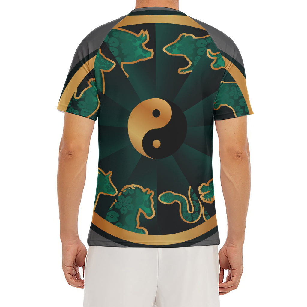 Green And Gold Chinese Zodiac Print Men's Short Sleeve Rash Guard