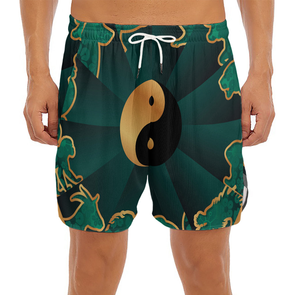Green And Gold Chinese Zodiac Print Men's Split Running Shorts
