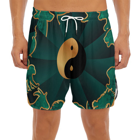 Green And Gold Chinese Zodiac Print Men's Split Running Shorts