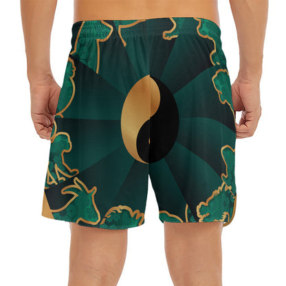 Green And Gold Chinese Zodiac Print Men's Split Running Shorts