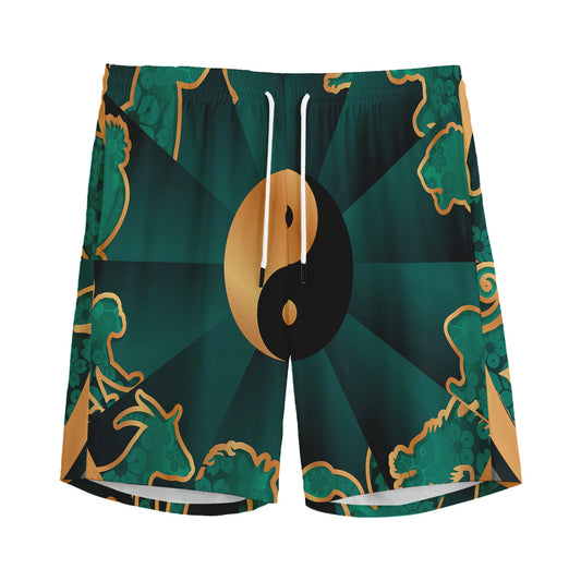 Green And Gold Chinese Zodiac Print Men's Sports Shorts