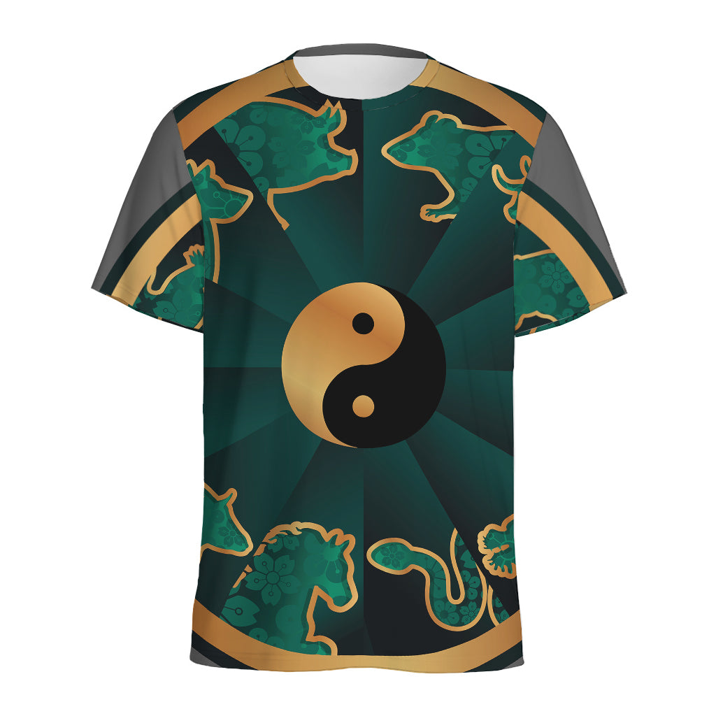 Green And Gold Chinese Zodiac Print Men's Sports T-Shirt