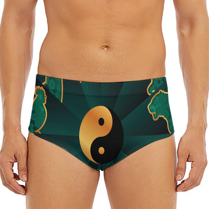 Green And Gold Chinese Zodiac Print Men's Triangle Swim Briefs
