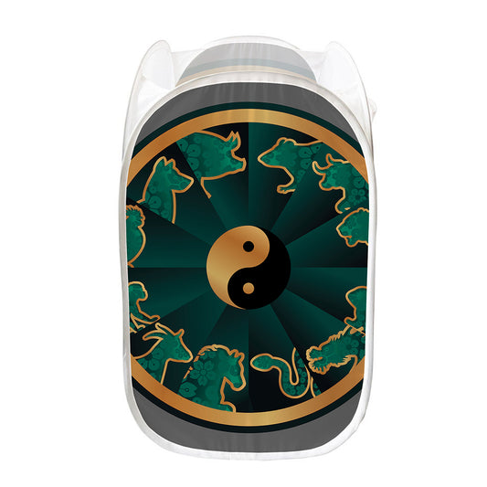 Green And Gold Chinese Zodiac Print Mesh Laundry Hamper
