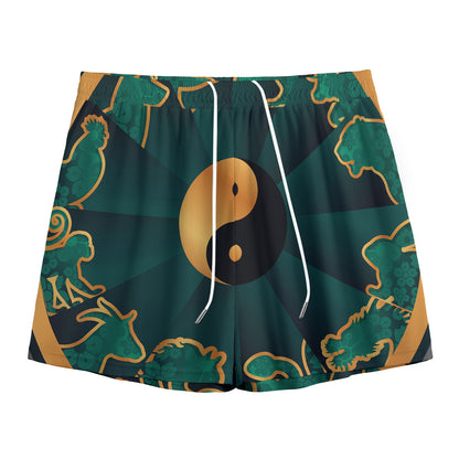 Green And Gold Chinese Zodiac Print Mesh Shorts
