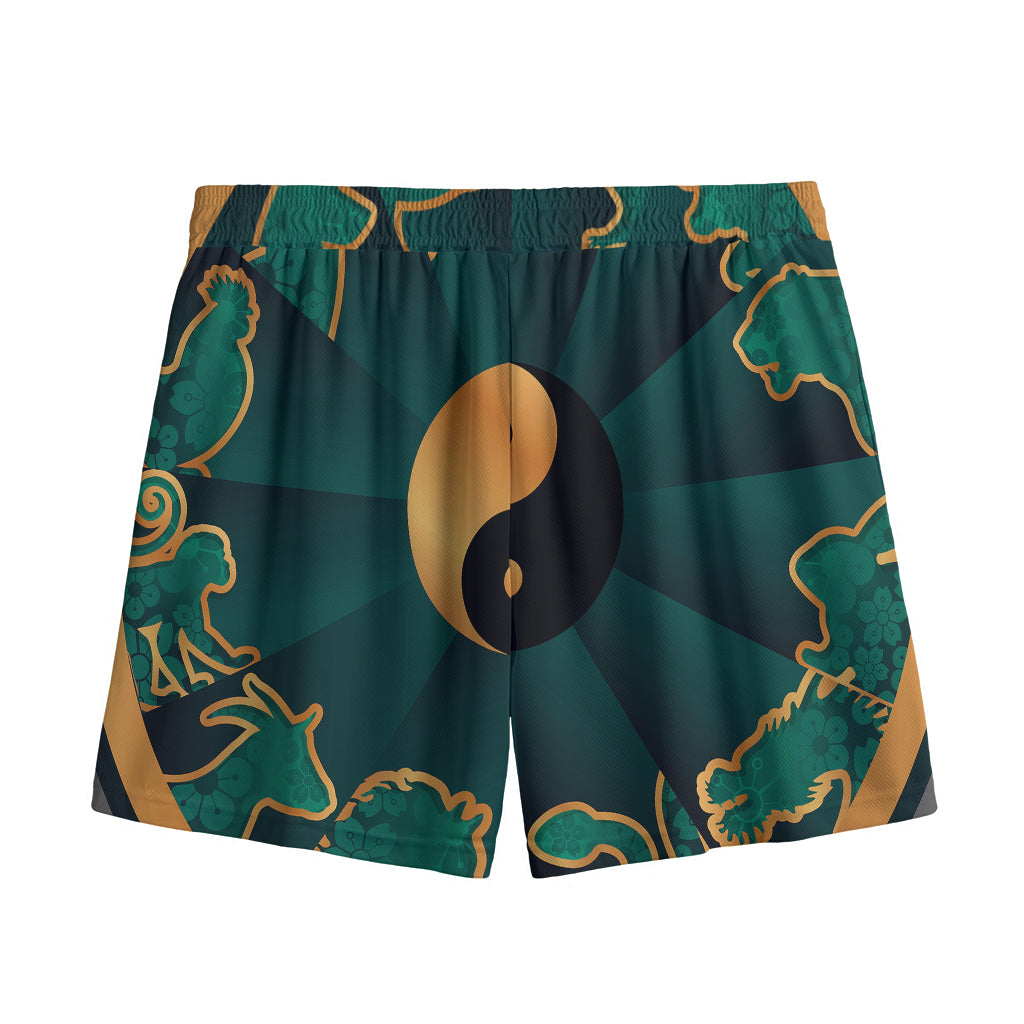 Green And Gold Chinese Zodiac Print Mesh Shorts