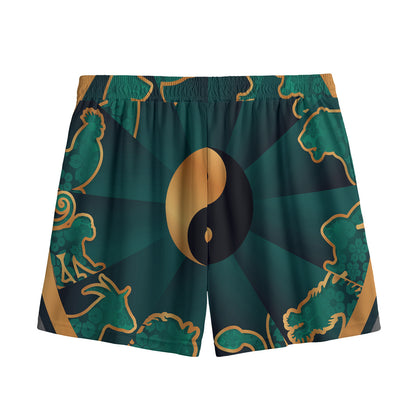 Green And Gold Chinese Zodiac Print Mesh Shorts