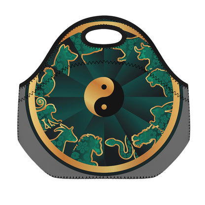 Green And Gold Chinese Zodiac Print Neoprene Lunch Bag