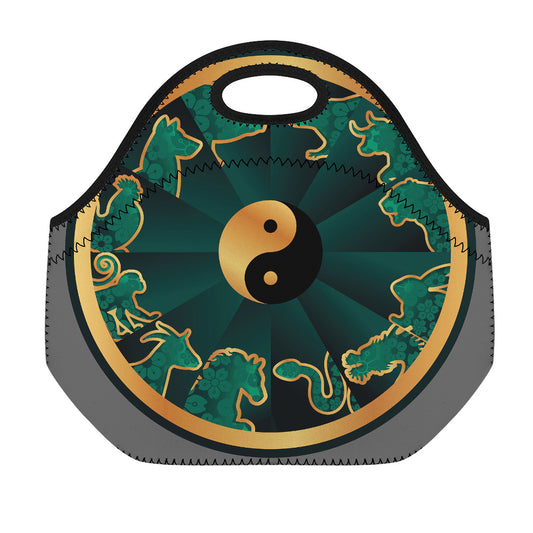Green And Gold Chinese Zodiac Print Neoprene Lunch Bag