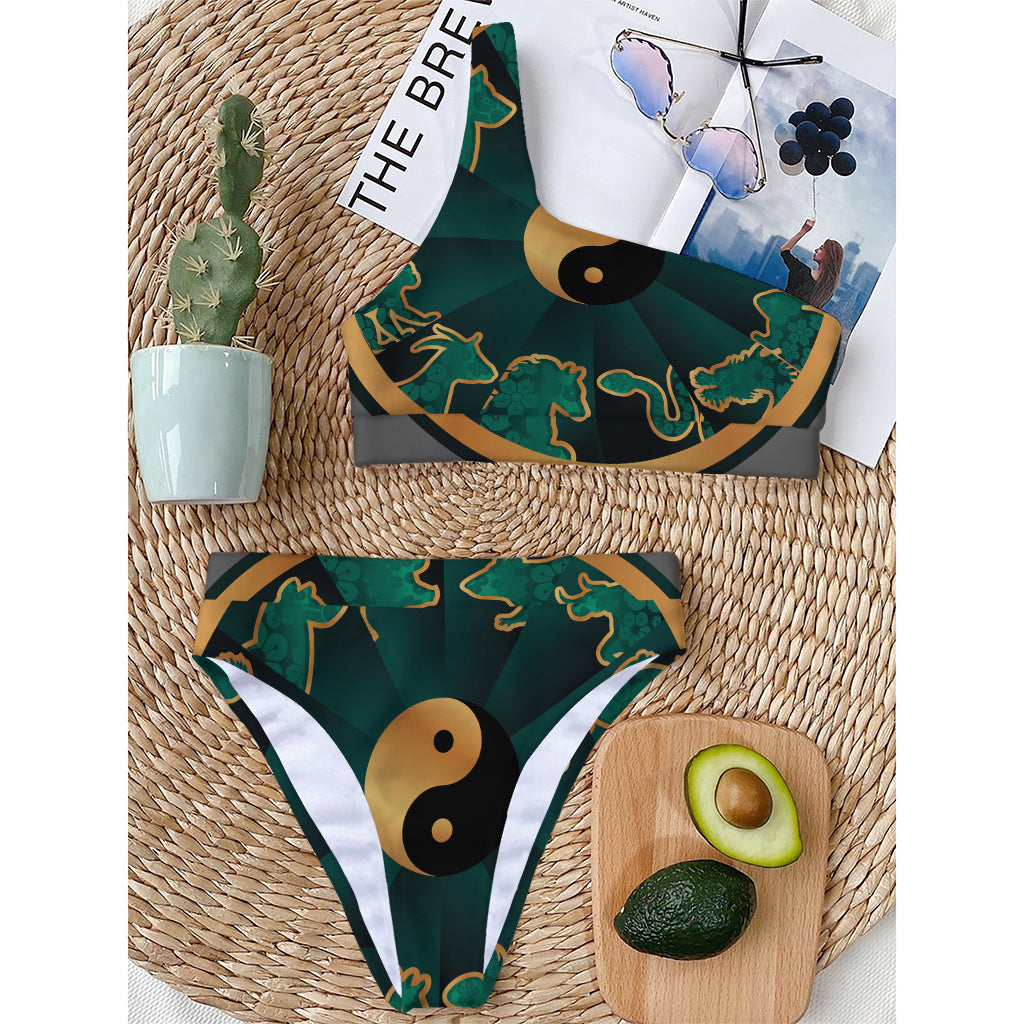 Green And Gold Chinese Zodiac Print One Shoulder Bikini Top