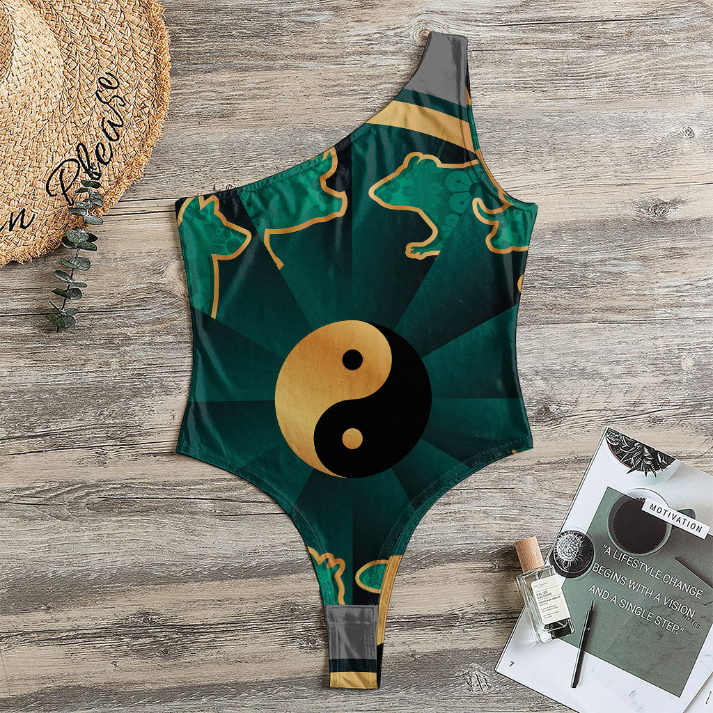 Green And Gold Chinese Zodiac Print One Shoulder Bodysuit