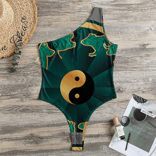 Green And Gold Chinese Zodiac Print One Shoulder Bodysuit