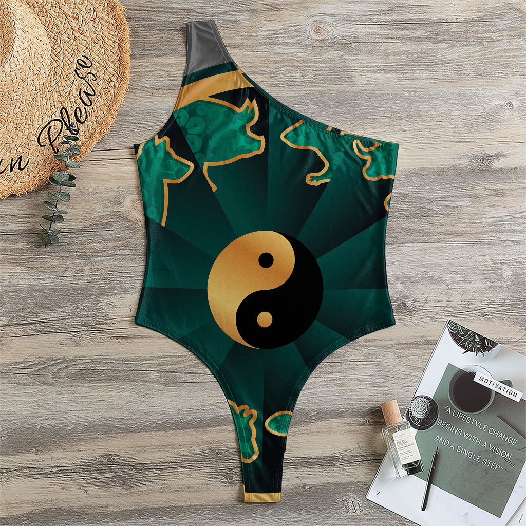 Green And Gold Chinese Zodiac Print One Shoulder Bodysuit