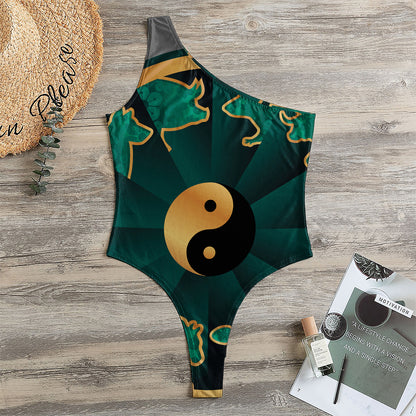 Green And Gold Chinese Zodiac Print One Shoulder Bodysuit