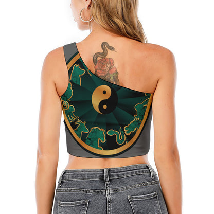 Green And Gold Chinese Zodiac Print One Shoulder Crop Top