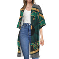 Green And Gold Chinese Zodiac Print Open Front Beach Cover Up