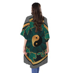 Green And Gold Chinese Zodiac Print Open Front Beach Cover Up