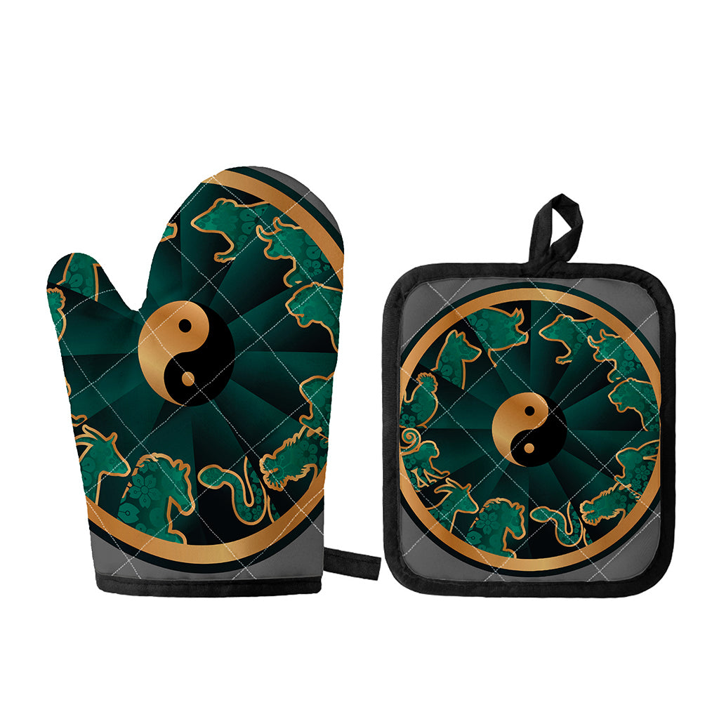 Green And Gold Chinese Zodiac Print Oven Mitt And Pot Holder Set