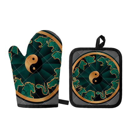 Green And Gold Chinese Zodiac Print Oven Mitt And Pot Holder Set