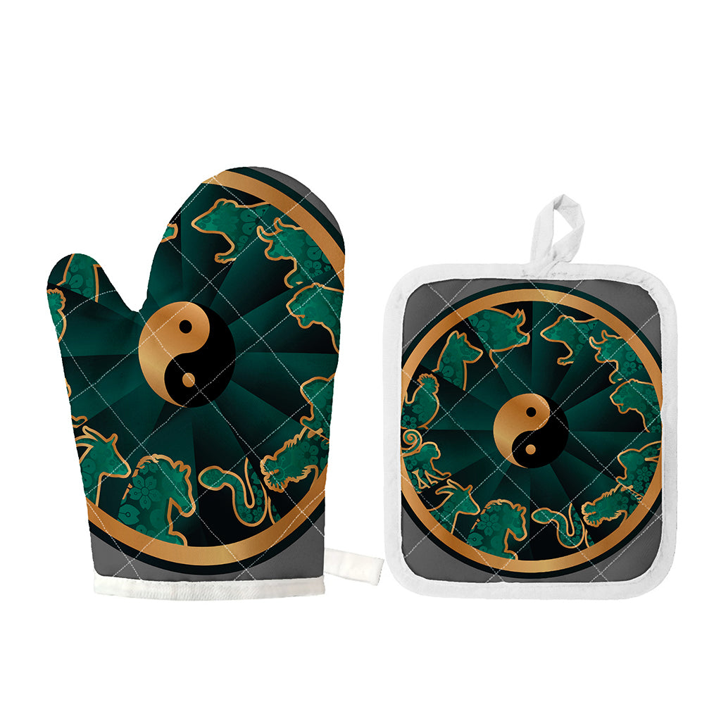 Green And Gold Chinese Zodiac Print Oven Mitt And Pot Holder Set