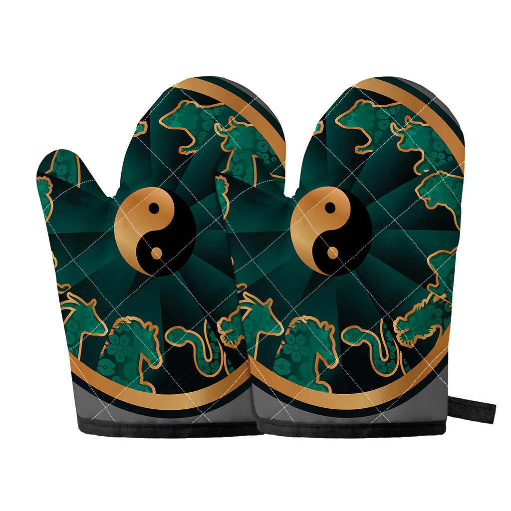 Green And Gold Chinese Zodiac Print Oven Mitts