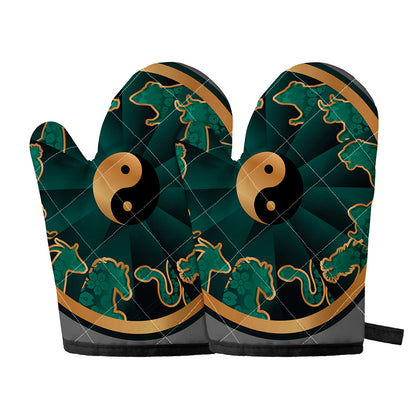 Green And Gold Chinese Zodiac Print Oven Mitts