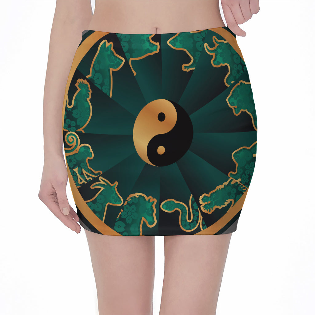 Green And Gold Chinese Zodiac Print Pencil Mini Skirt