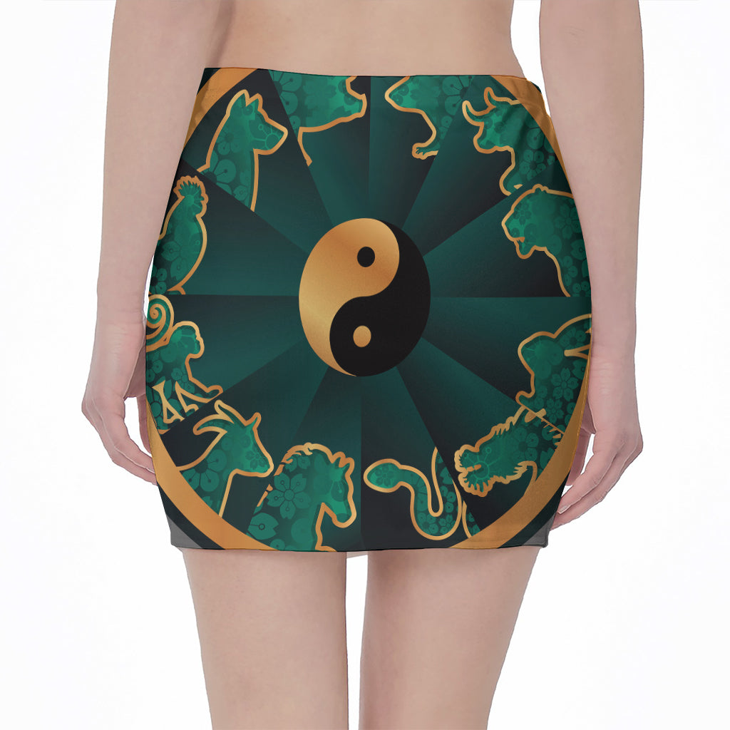 Green And Gold Chinese Zodiac Print Pencil Mini Skirt