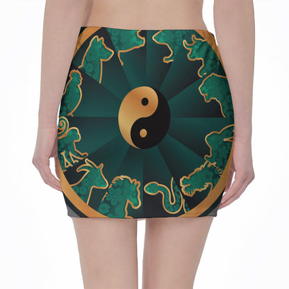 Green And Gold Chinese Zodiac Print Pencil Mini Skirt