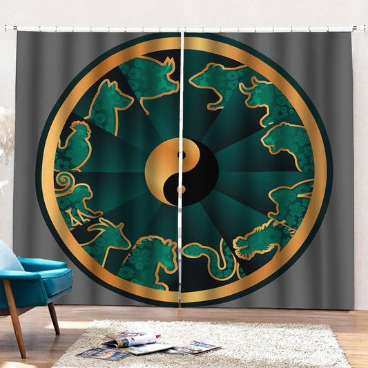 Green And Gold Chinese Zodiac Print Pencil Pleat Curtains
