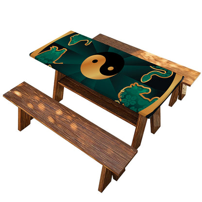Green And Gold Chinese Zodiac Print Picnic Table Cover