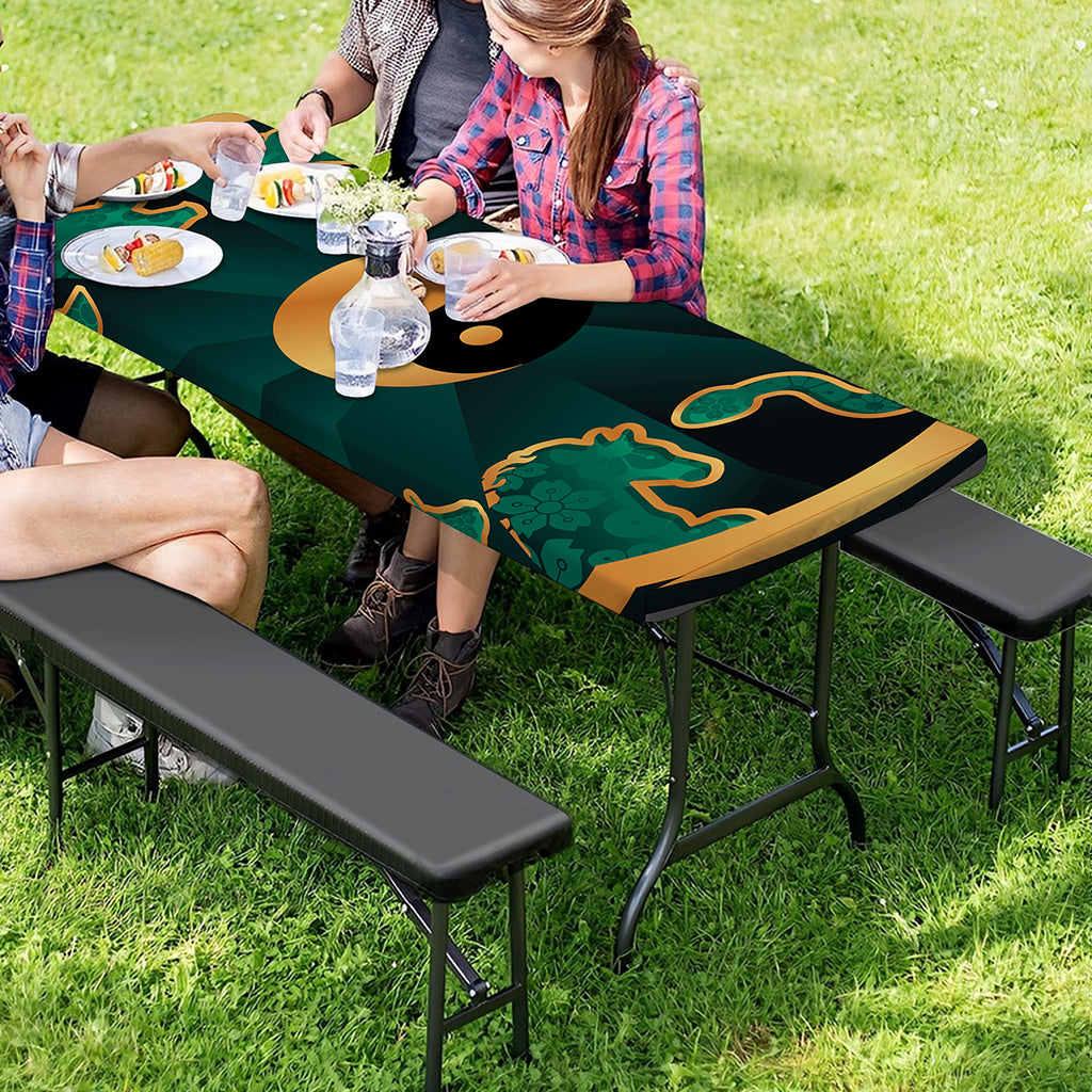 Green And Gold Chinese Zodiac Print Picnic Table Cover