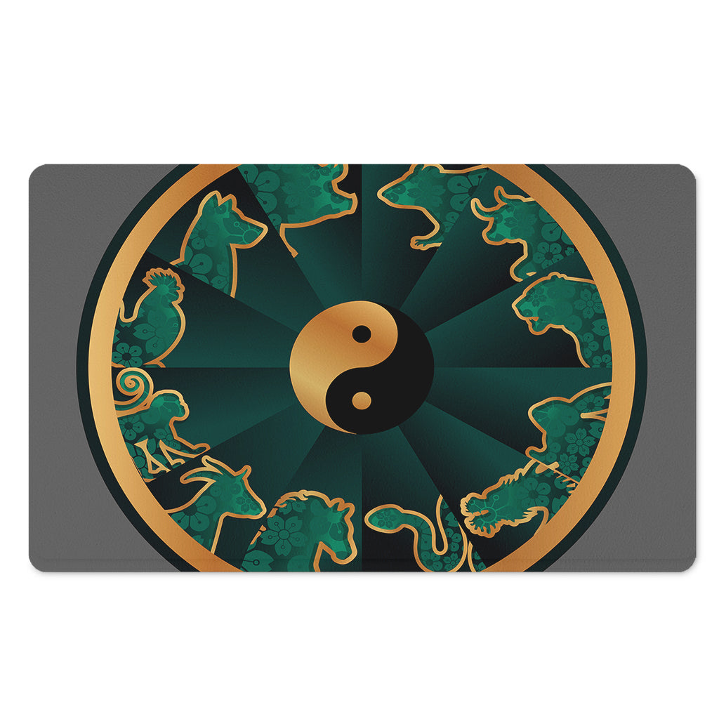Green And Gold Chinese Zodiac Print Polyester Doormat