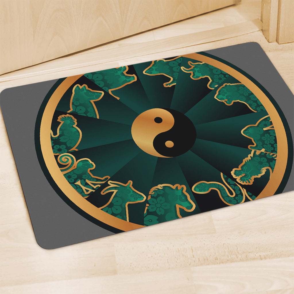 Green And Gold Chinese Zodiac Print Polyester Doormat