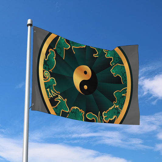 Green And Gold Chinese Zodiac Print Polyester Flag