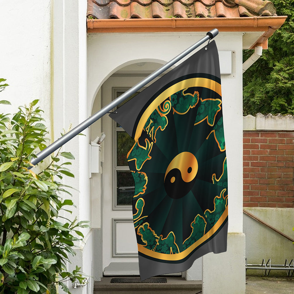 Green And Gold Chinese Zodiac Print Polyester Flag
