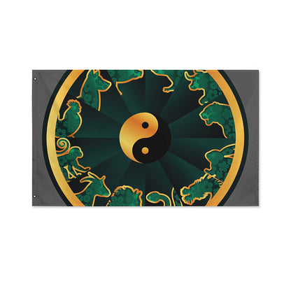 Green And Gold Chinese Zodiac Print Polyester Flag