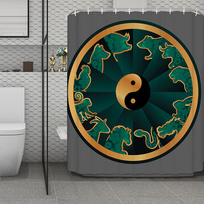 Green And Gold Chinese Zodiac Print Polyester Shower Curtain