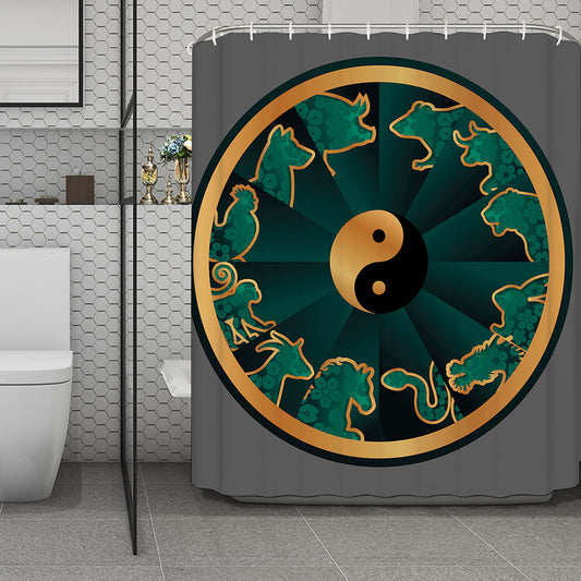 Green And Gold Chinese Zodiac Print Polyester Shower Curtain