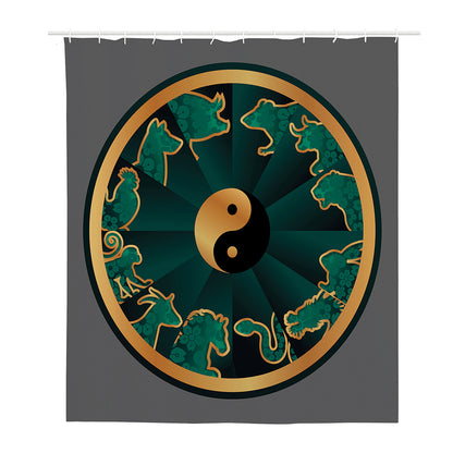 Green And Gold Chinese Zodiac Print Polyester Shower Curtain
