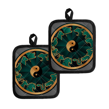 Green And Gold Chinese Zodiac Print Pot Holders