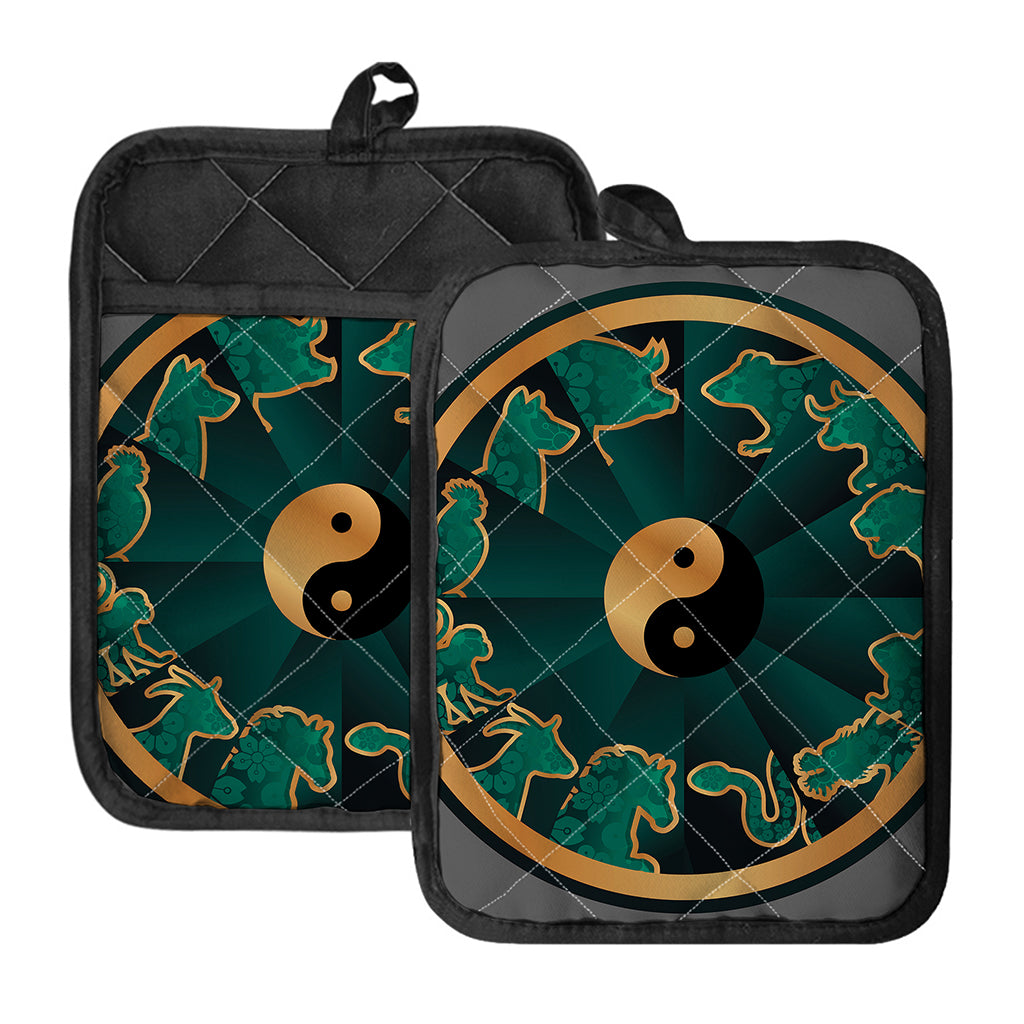 Green And Gold Chinese Zodiac Print Pot Holders With Pocket