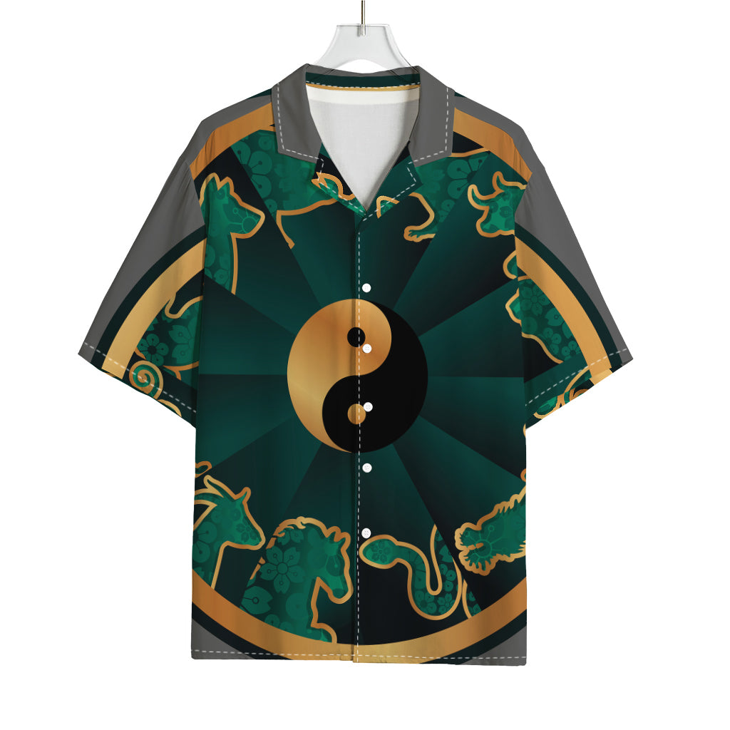 Green And Gold Chinese Zodiac Print Rayon Hawaiian Shirt