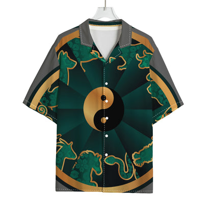 Green And Gold Chinese Zodiac Print Rayon Hawaiian Shirt