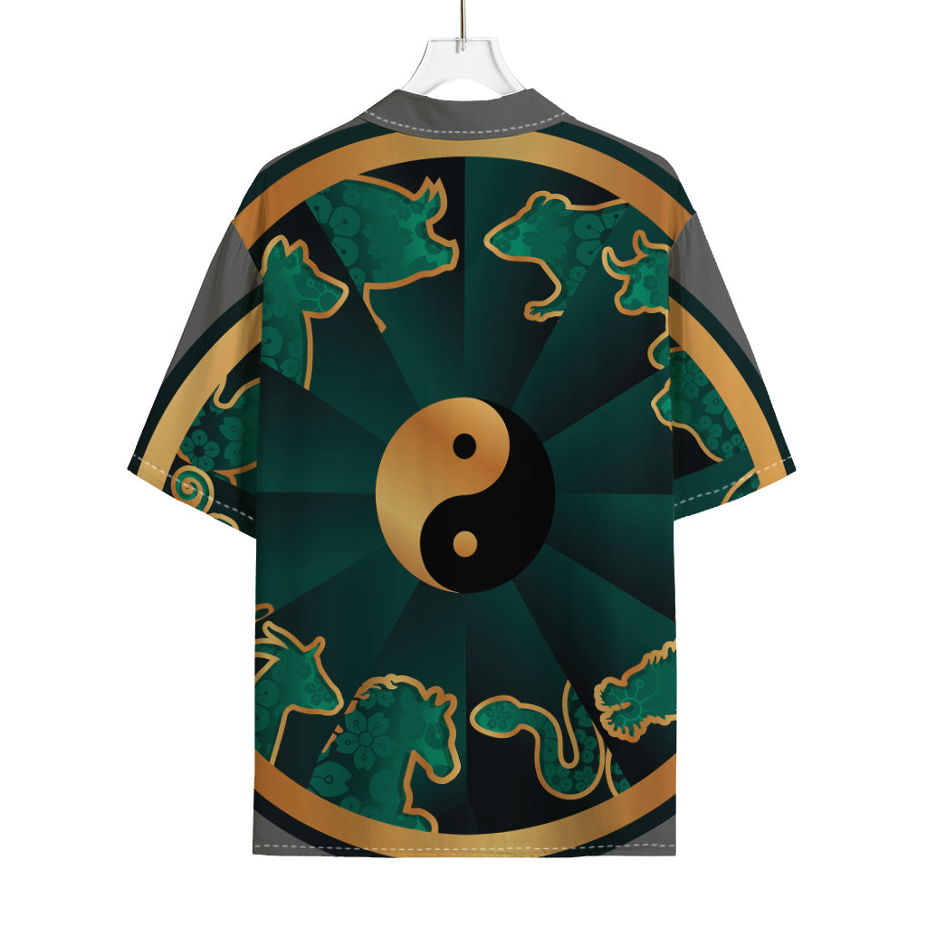Green And Gold Chinese Zodiac Print Rayon Hawaiian Shirt