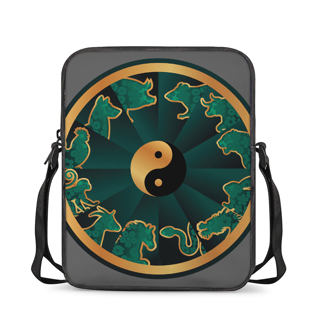 Green And Gold Chinese Zodiac Print Rectangular Crossbody Bag